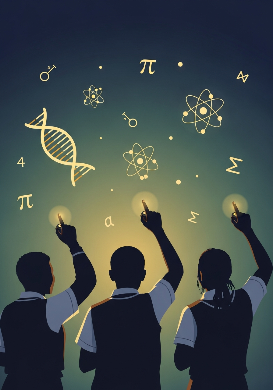 Three Ghanaian students raising their hands with science symbols